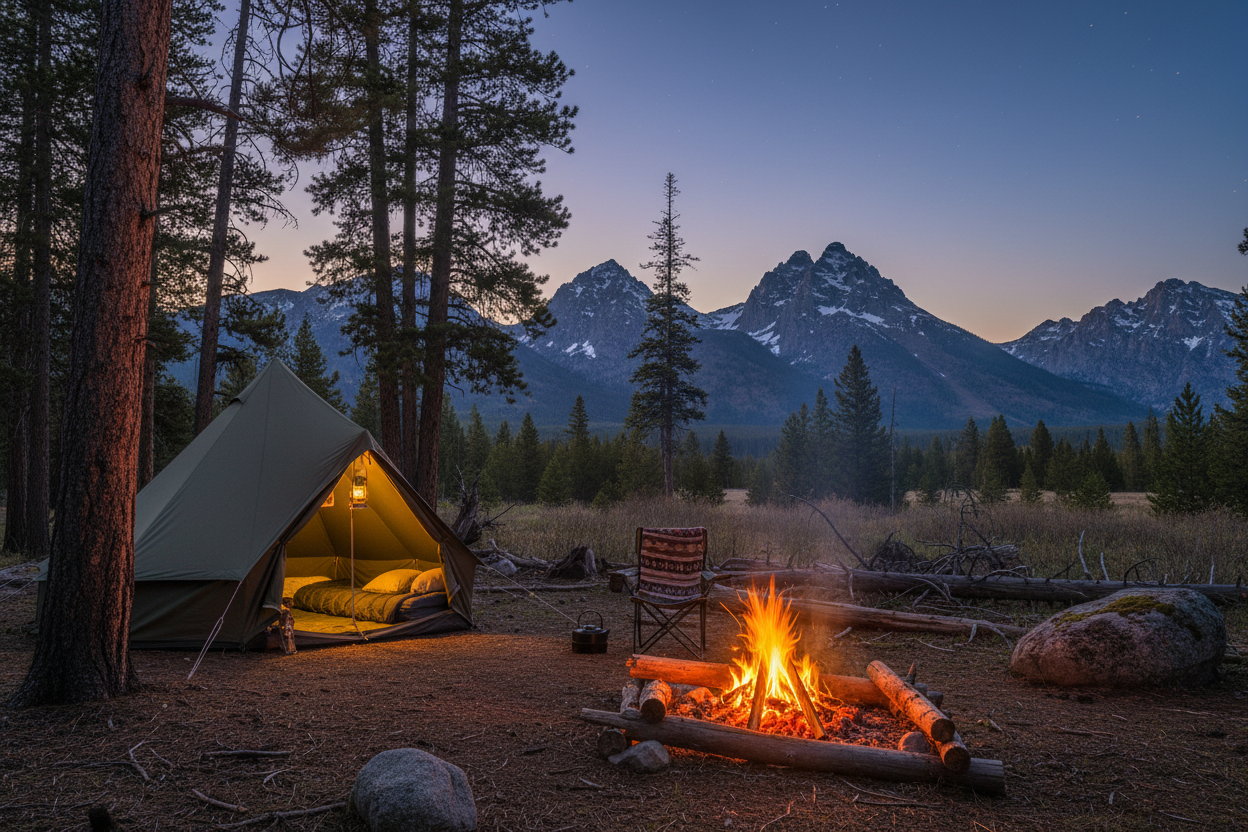 campsite with camp fire in yellowstone with mountain view behind'